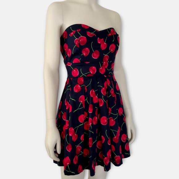 Vintage Y2K Strapless Retro Navy Cherry Print Fit and Flare Mini Dress - Picture 1 of 10
